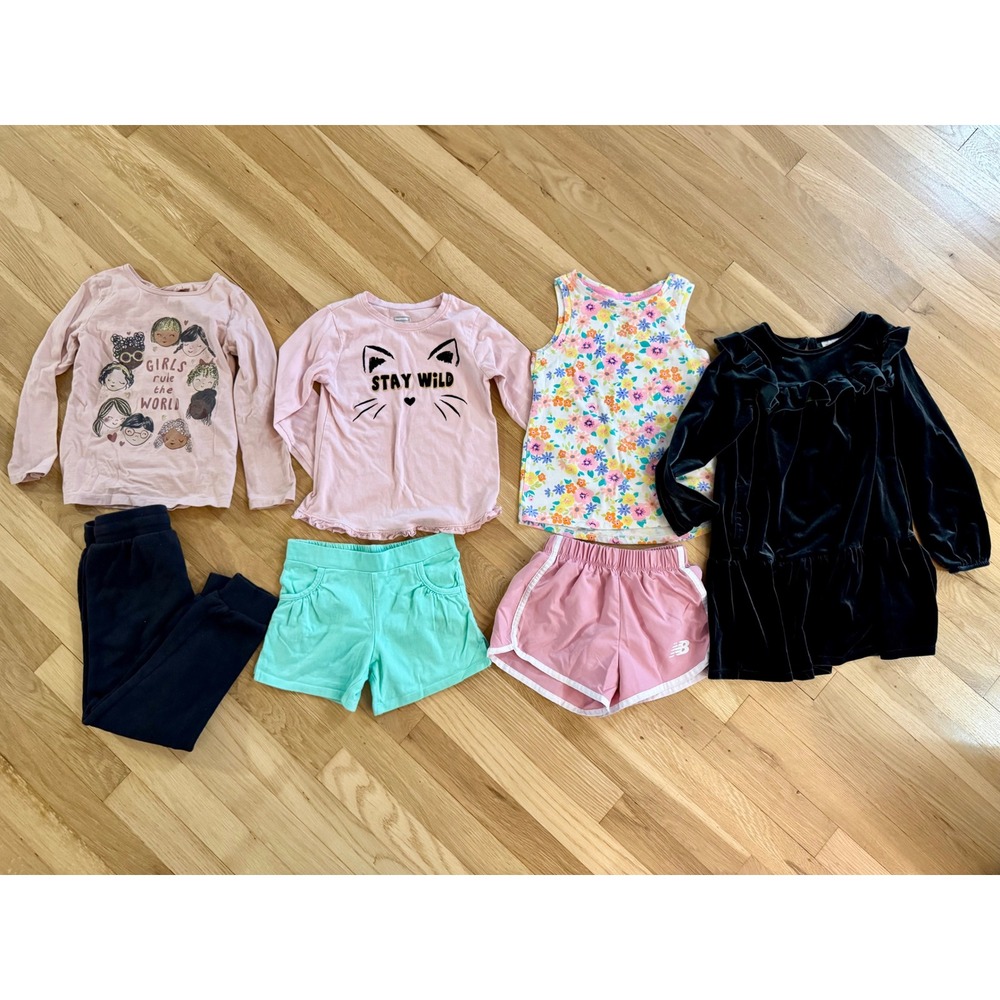 Size 5T Girls 7-Piece Clothing Lot Set Shorts Velvet Dress Graphic Tees